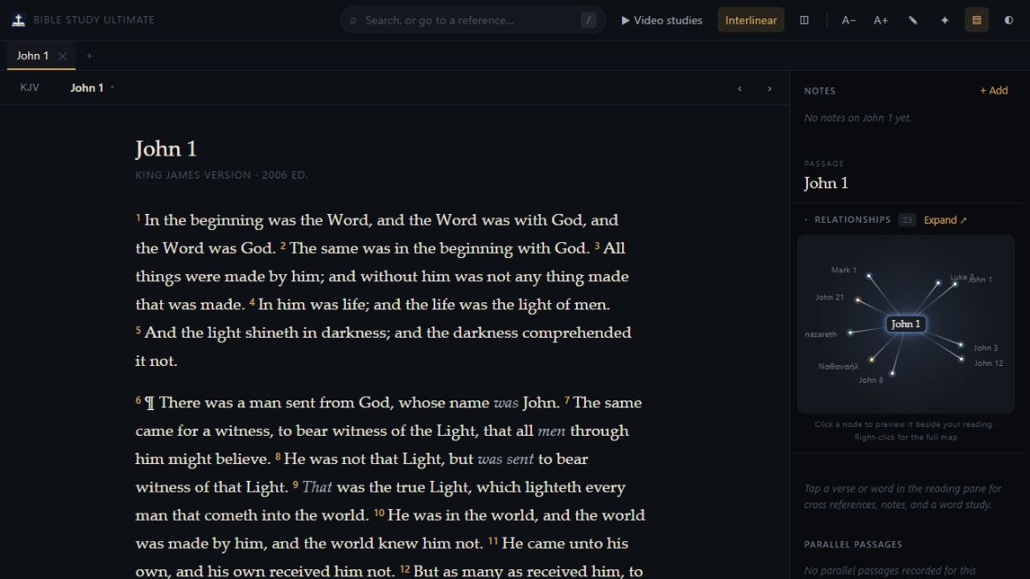 Bible Study Ultimate showing John 1 with Scripture and a relationship map