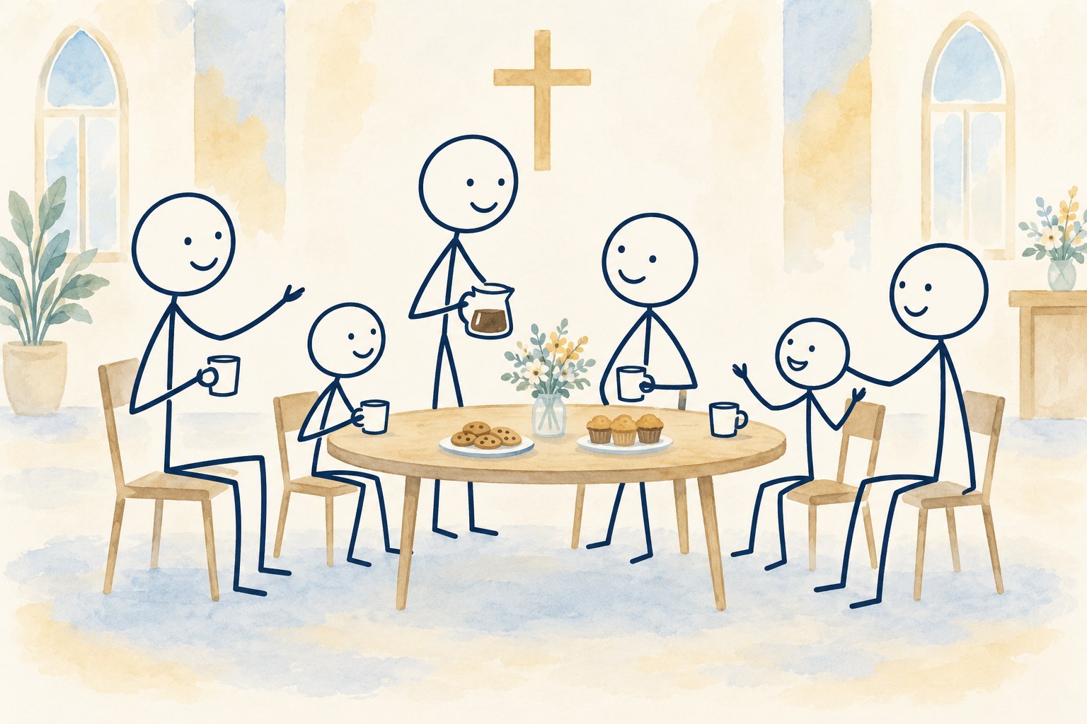 Stick-figure church family sharing fellowship